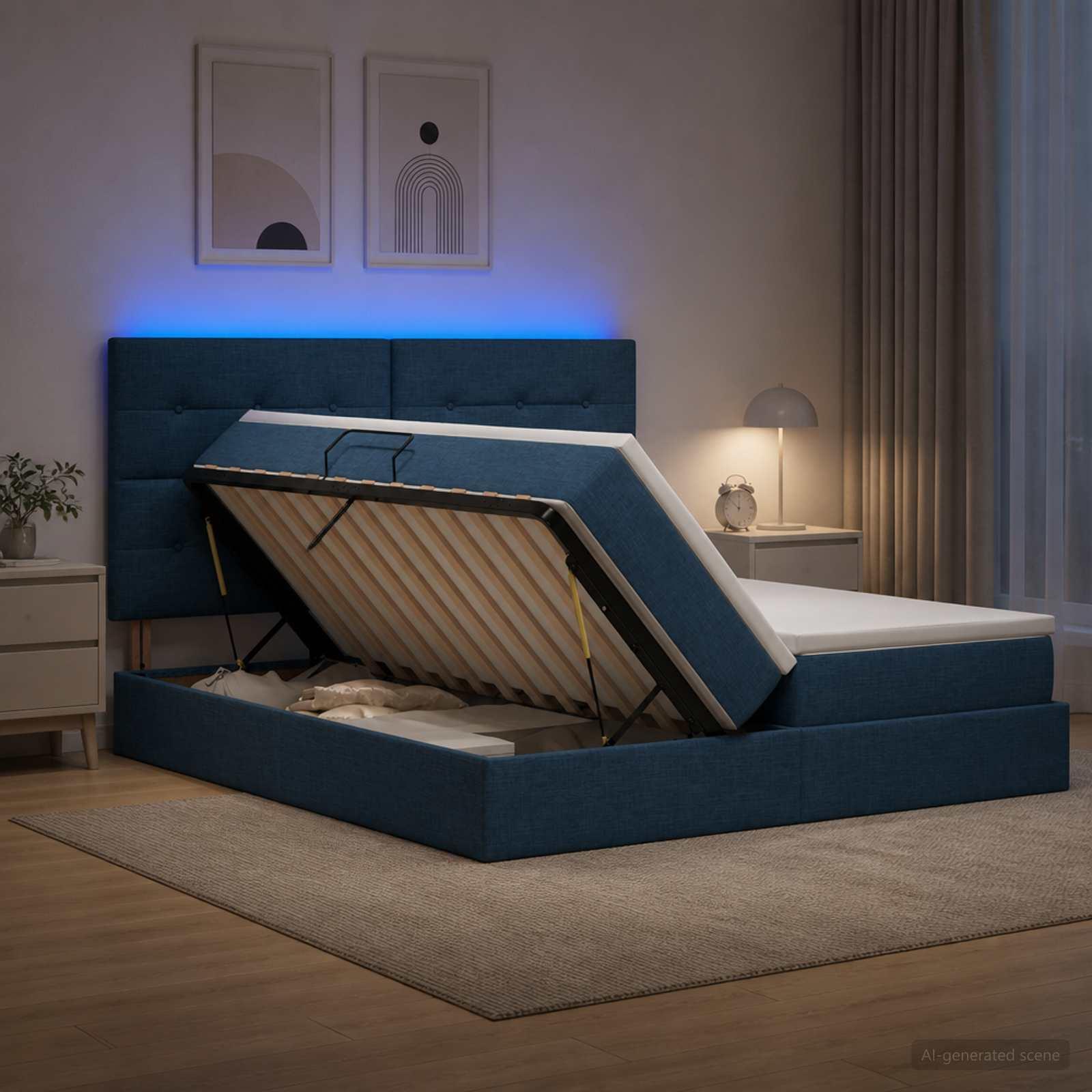 vidaXL LED opbevarings seng med madras Blå 180 x 200 cm Stof