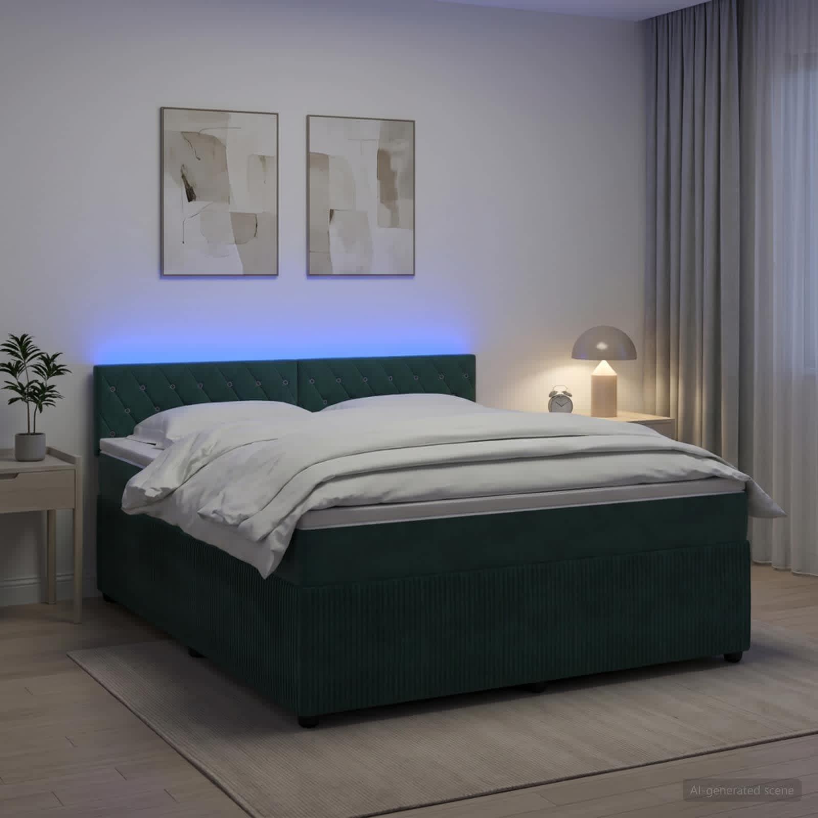 Boksmadras seng med topmadras og LED mørkegrøn 180 x 200 cm fløjl