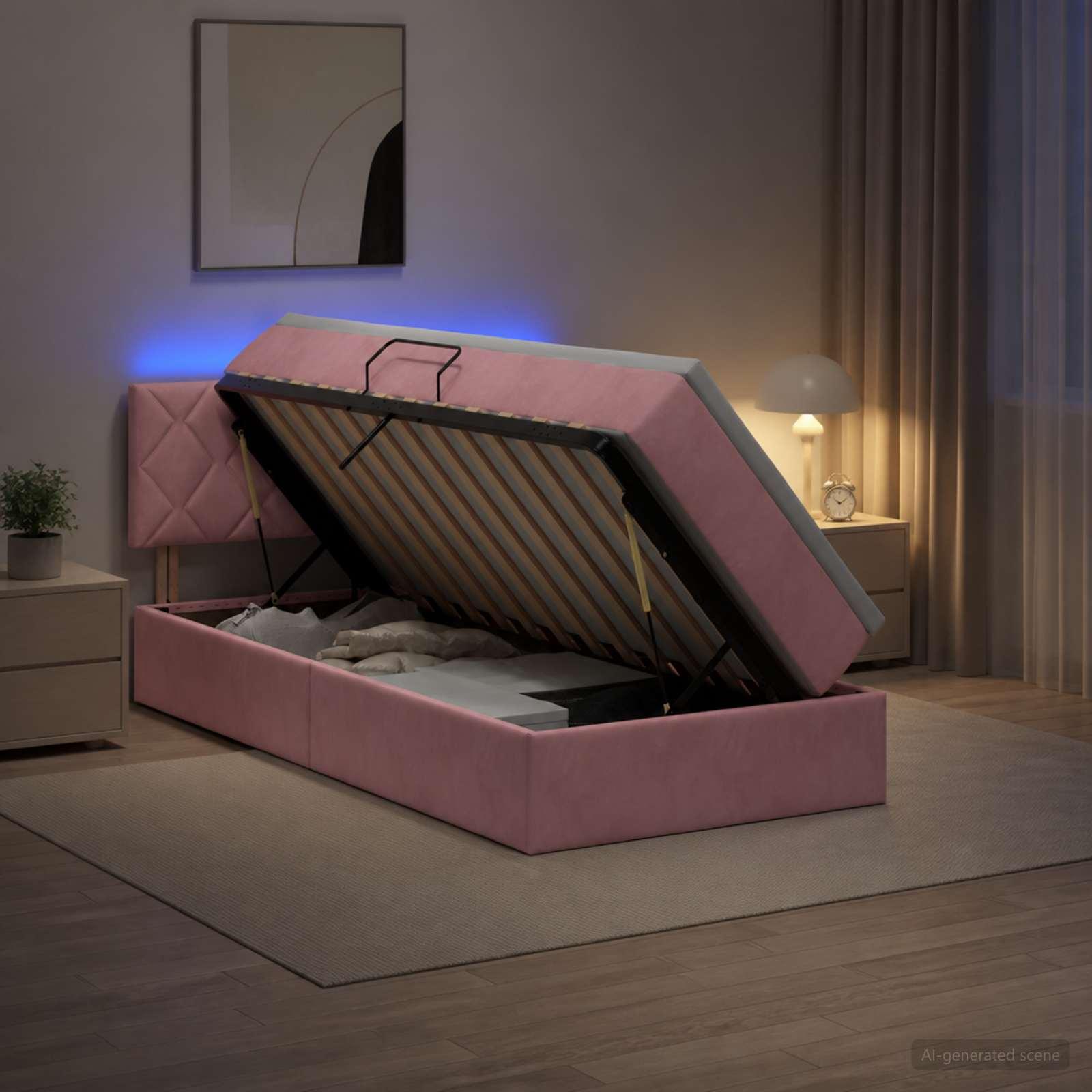 vidaXL LED opbevarings seng med madras Lyserød 90 x 200 cm Fløjl