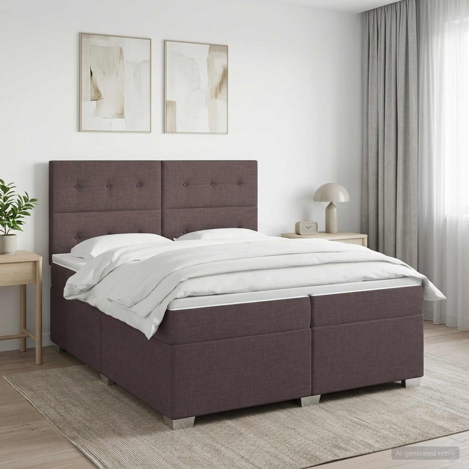 Kontinentalseng med madras og topmadras 200 x 200 cm - mørk brun stof