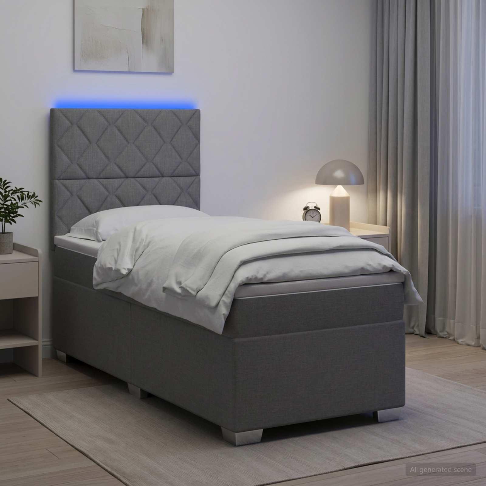 Boksmadras seng med topmadras og LED-hovedgærde 90 x 200 cm stof lysegrå