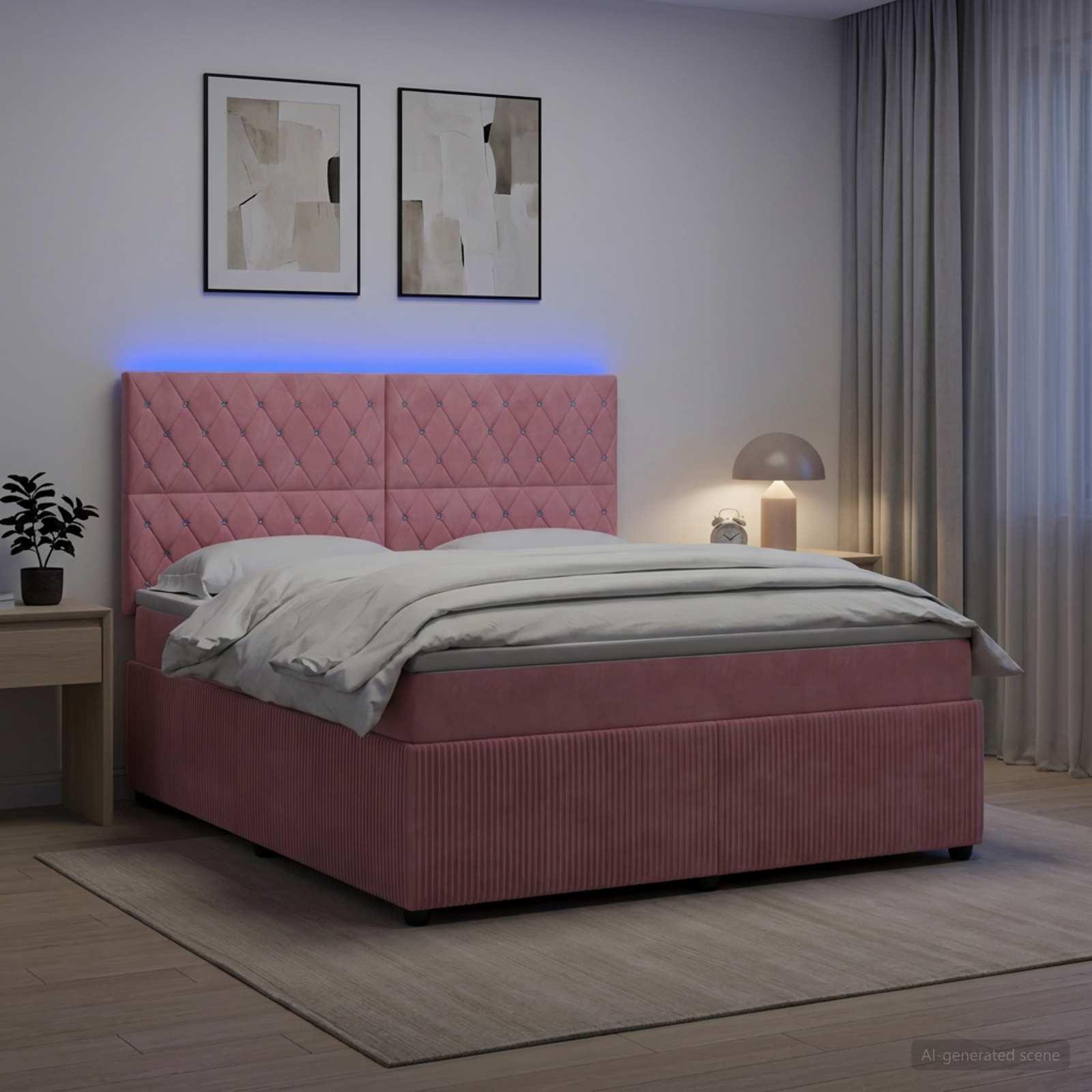 LED boksmadrasseng med madras og opbevaring 140 x 200 cm - lyserød fløjl