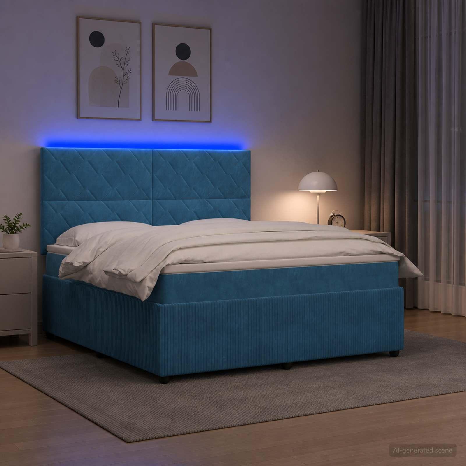 LED boksmadrasseng med opbevaring og madras 140 x 190 cm - blå fløjl