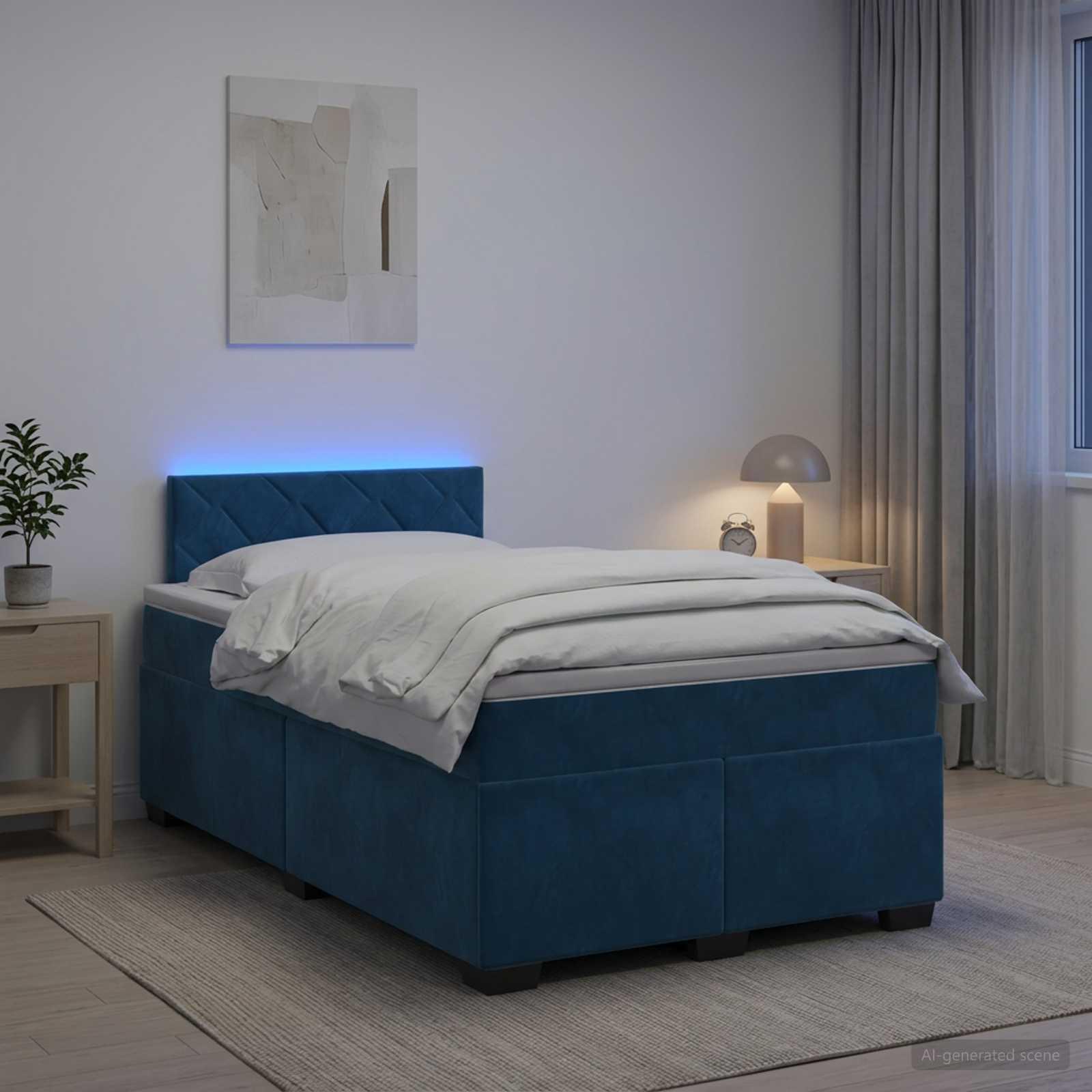 vidaXL Box Spring Seng med Madras og LED Blå 120 x 200 cm Velour