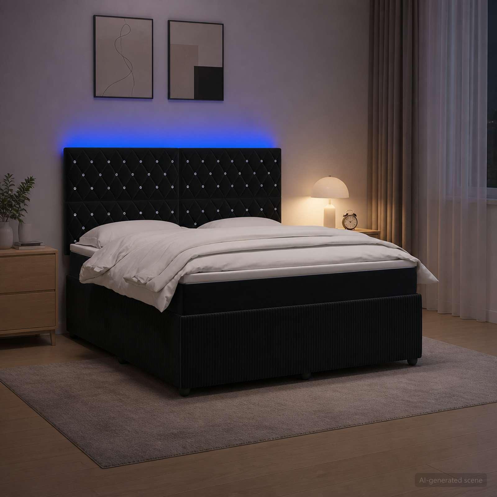 LED boksmadrasseng med opbevaring og madras 140 x 190 cm i sort fløjl