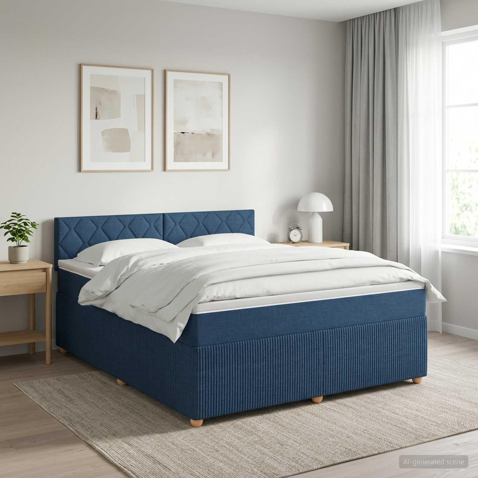 Seng med madras, topmadras og justerbart hovedgærde 160 x 200 cm blå stof