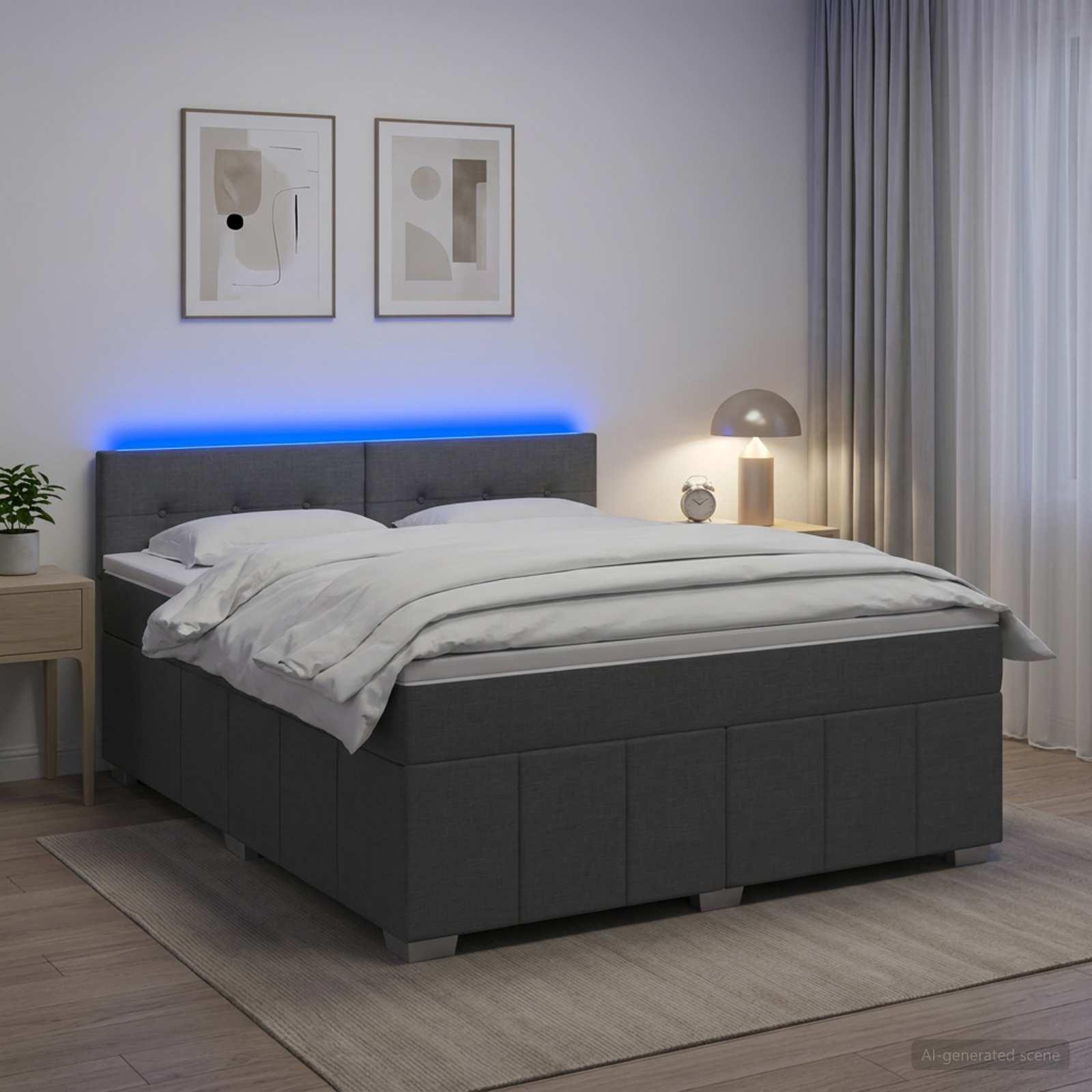 Boksmadras seng med topmadras og LED mørkegrå 180 x 200 cm