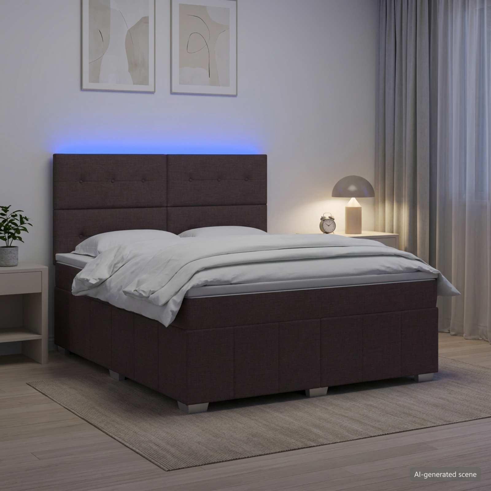 LED boksmadrasseng med madras 180 x 200 cm mørk brun stof