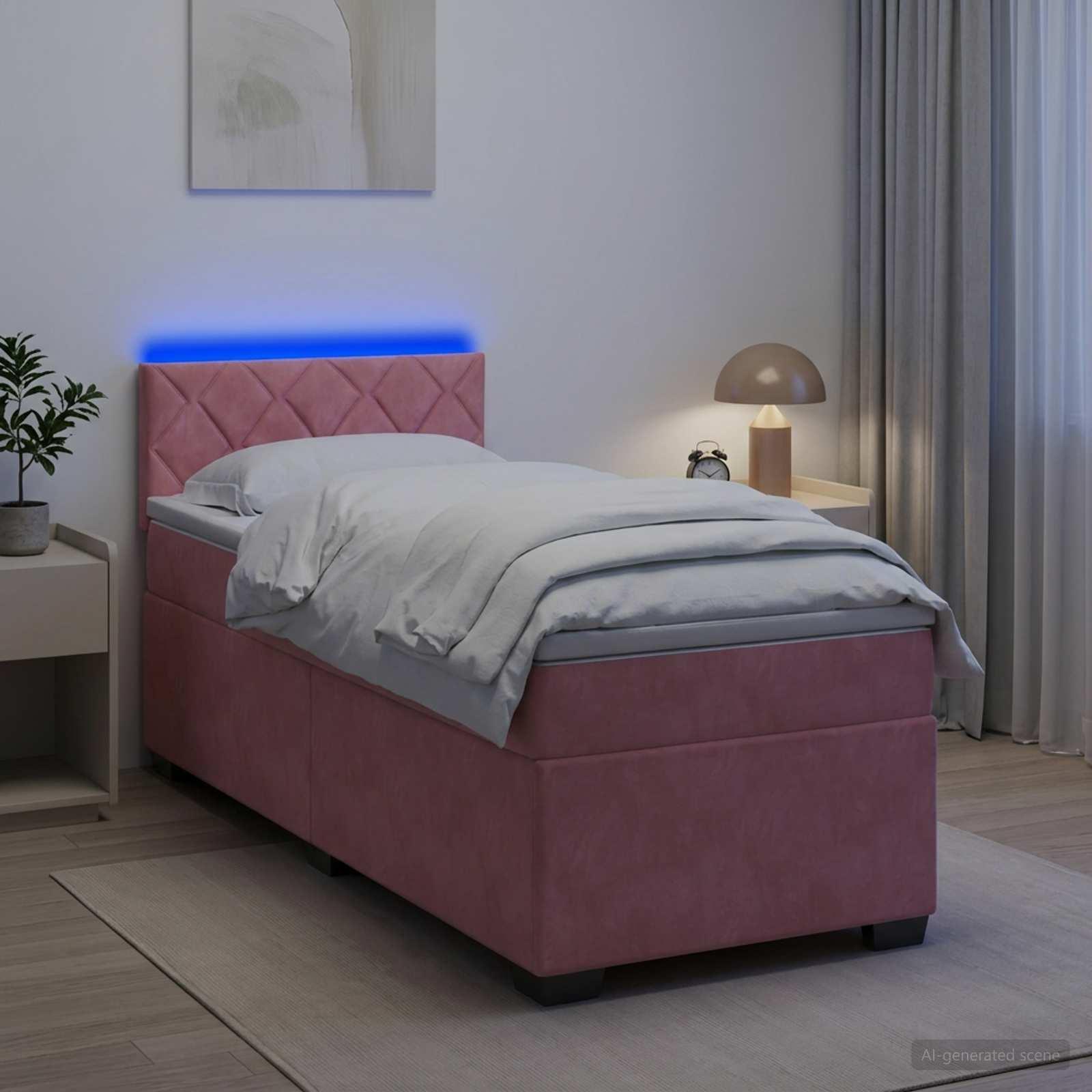 Kontinentalseng med madras og LED lyserød 80 x 200 cm i velour