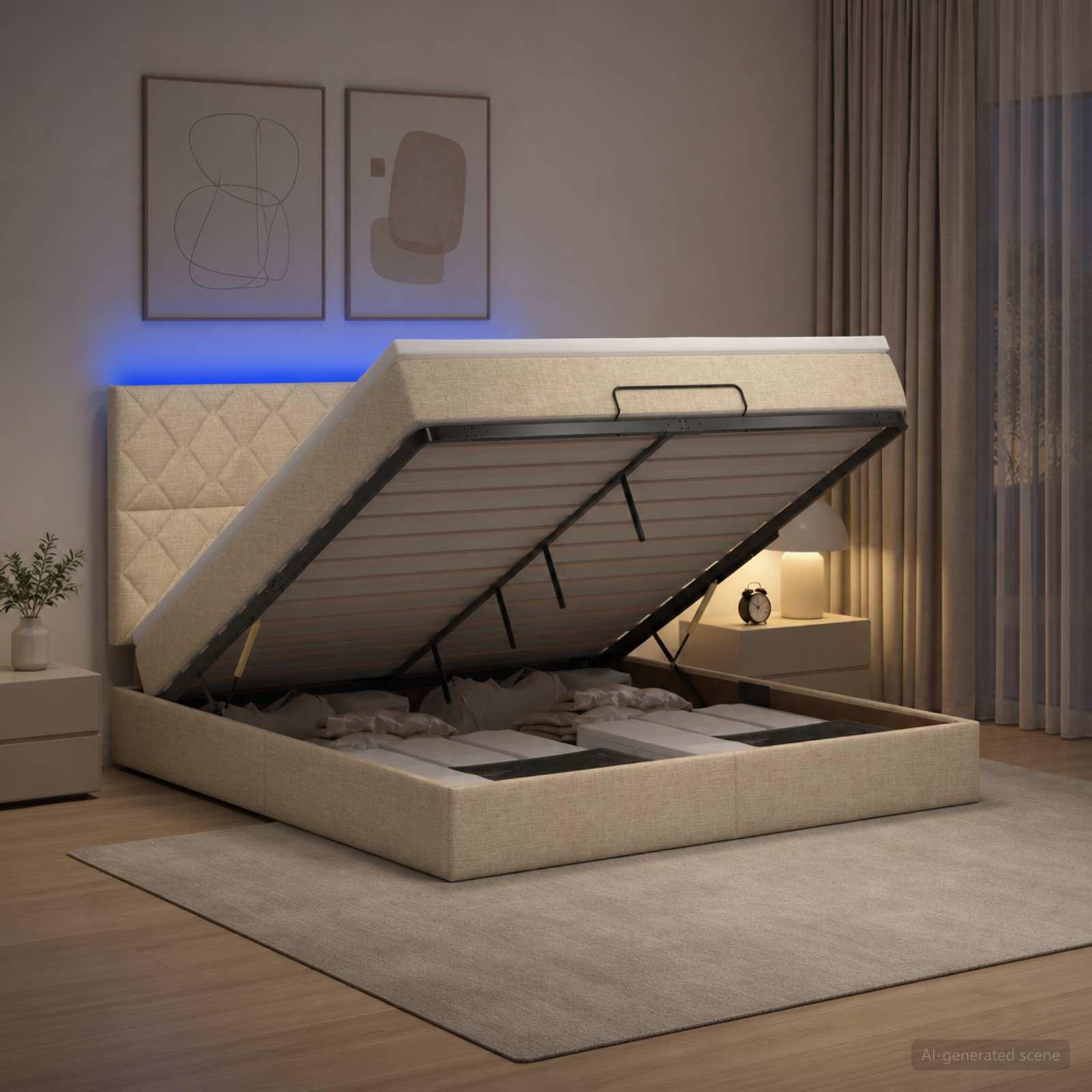 Ottoman seng med madras og LED 180 x 200 cm i cremefarvet stof