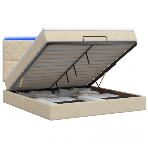 Ottoman seng med madras og LED 180 x 200 cm i cremefarvet stof
