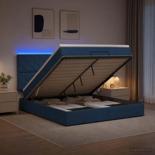 Ottoman seng med madras og LED 140 x 190 cm - blå stof