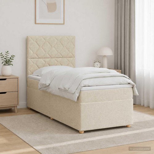Seng med madras og topmadras 90 x 190 cm cremefarvet stof