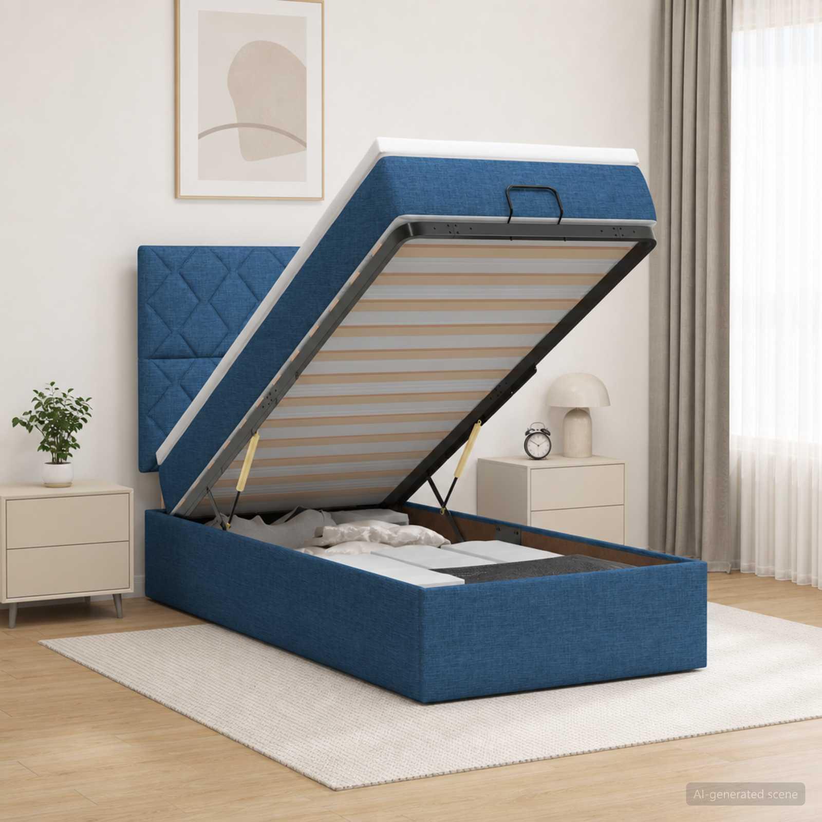 vidaXL Ottoman seng med madras og LED Blå 90 x 190 cm Stof