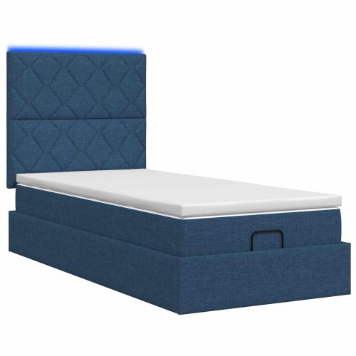 Ottoman seng med madras og LED 90 x 190 cm - blå stof