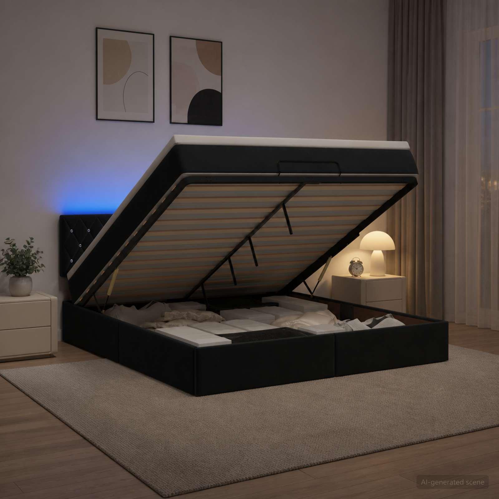 vidaXL Ottoman seng med madras og LED Sort 160 x 200 cm Velour