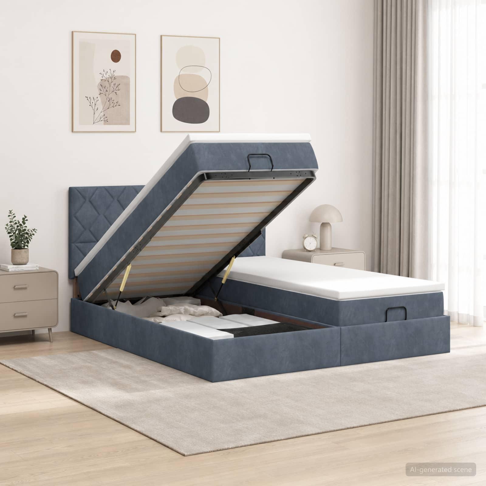 Ottoman seng 160 x 200 cm med madras og hovedgærde 2 stk. - mørkegrå fløjl
