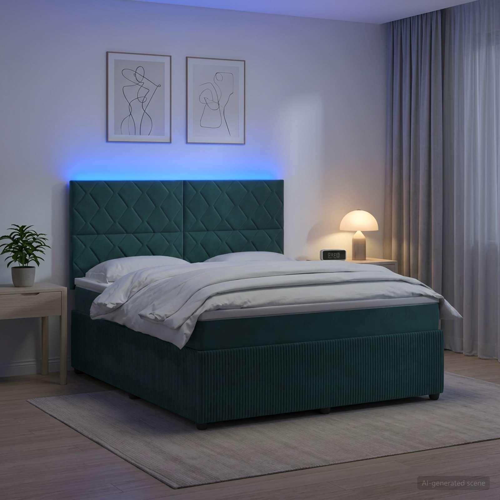 vidaXL LED boksmadrasseng med madras Mørkegrøn 160 x 200 cm Fløjl