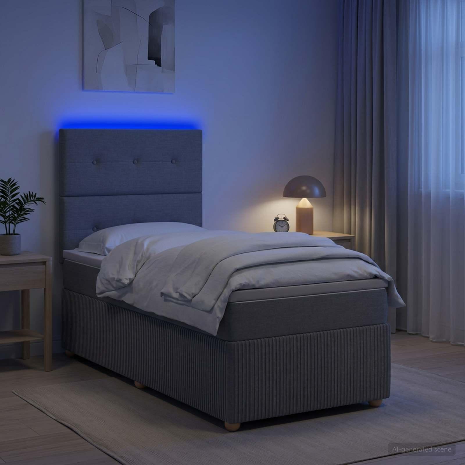 LED boksmadrasseng med madras 100 x 200 cm i lysegrå stof