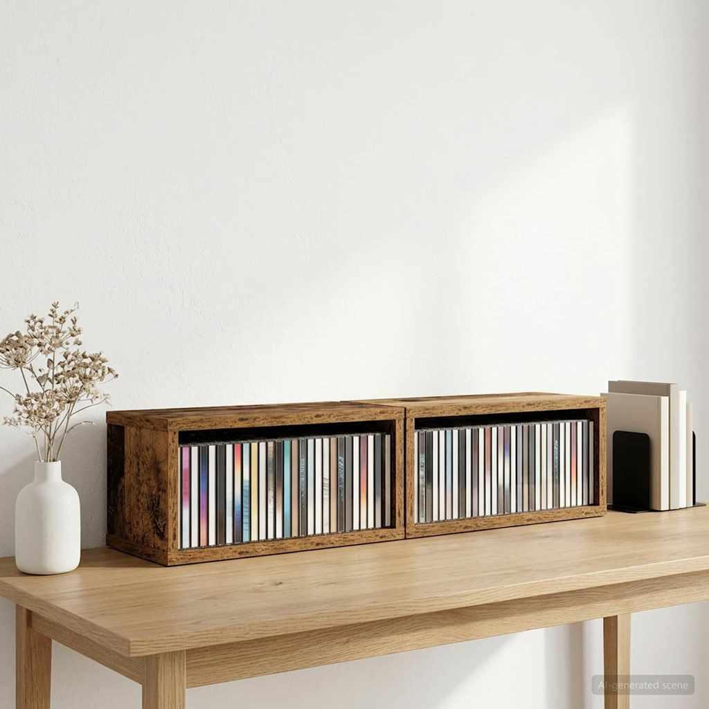 CD opbevaringsrække 2 stk. i gammelt træ 40 x 17 x 17 cm