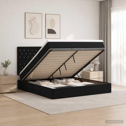 Ottoman seng med madras og LED 140 x 190 cm - sort fløjl