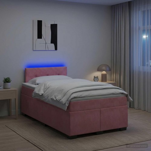 Kontinentalseng med madras og LED 120 x 190 cm i lyserød velour