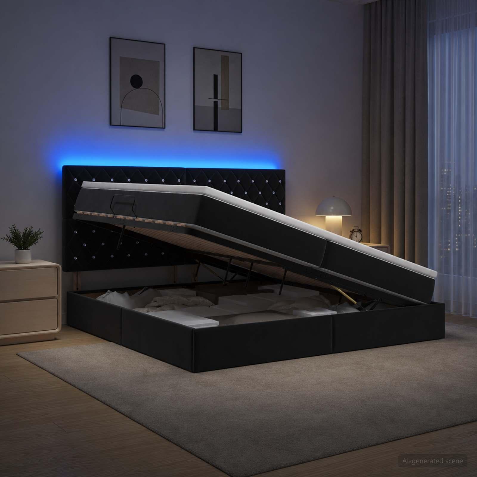 vidaXL LED opbevarings seng med madras Sort 200 x 200 cm Fløjl