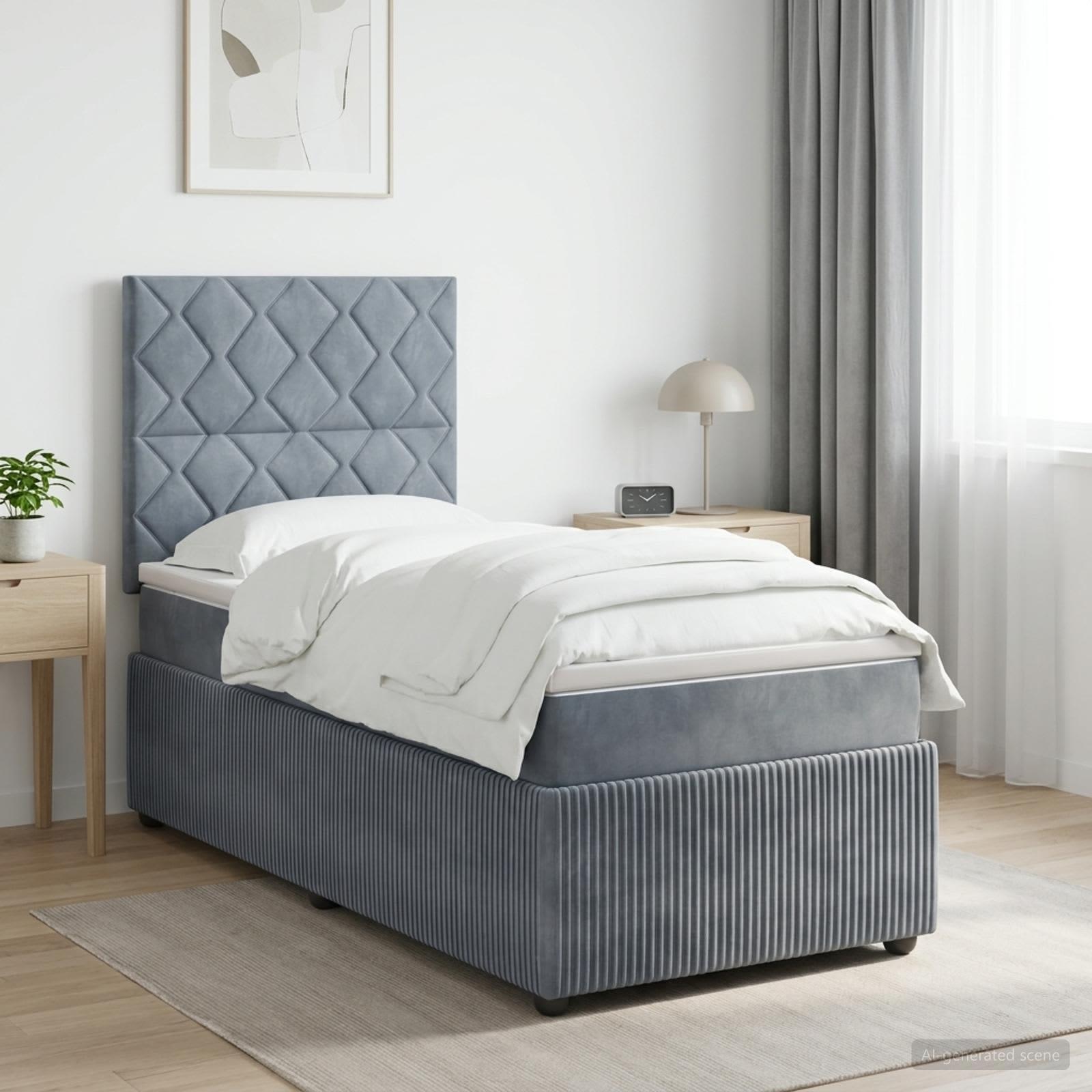 Enkeltseng med madras, topmadras og hovedgærde 90 x 190 cm - mørkegrå fløjl