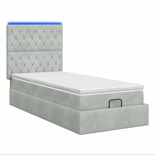 Ottoman seng med madras og LED 90 x 190 cm - lysegrå fløjl