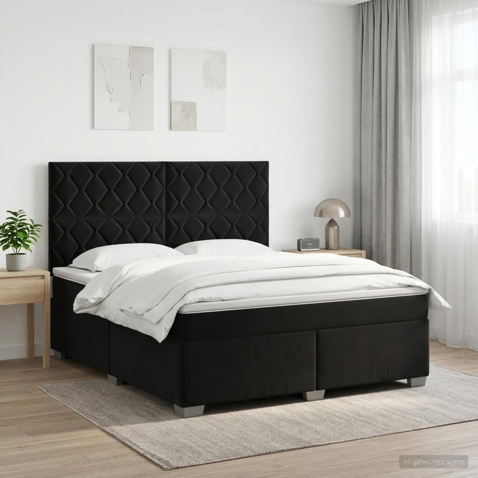 Kontinentalseng med madras, topmadras og hovedgærde 160 x 200 cm - sort fløjl