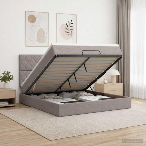 Ottoman seng med madras og LED gråbrun 180 x 200 cm stof