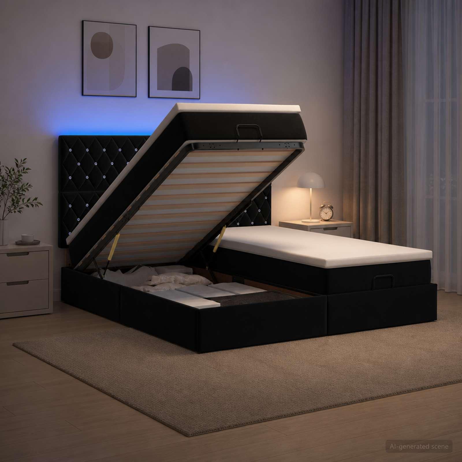 Ottoman seng 200 x 200 cm med madras, LED og opbevaring - sort velour