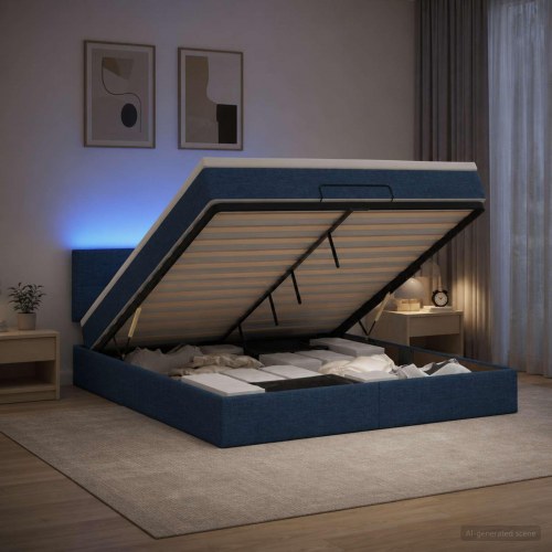 Ottoman seng 180 x 200 cm med madras og LED - blå stof