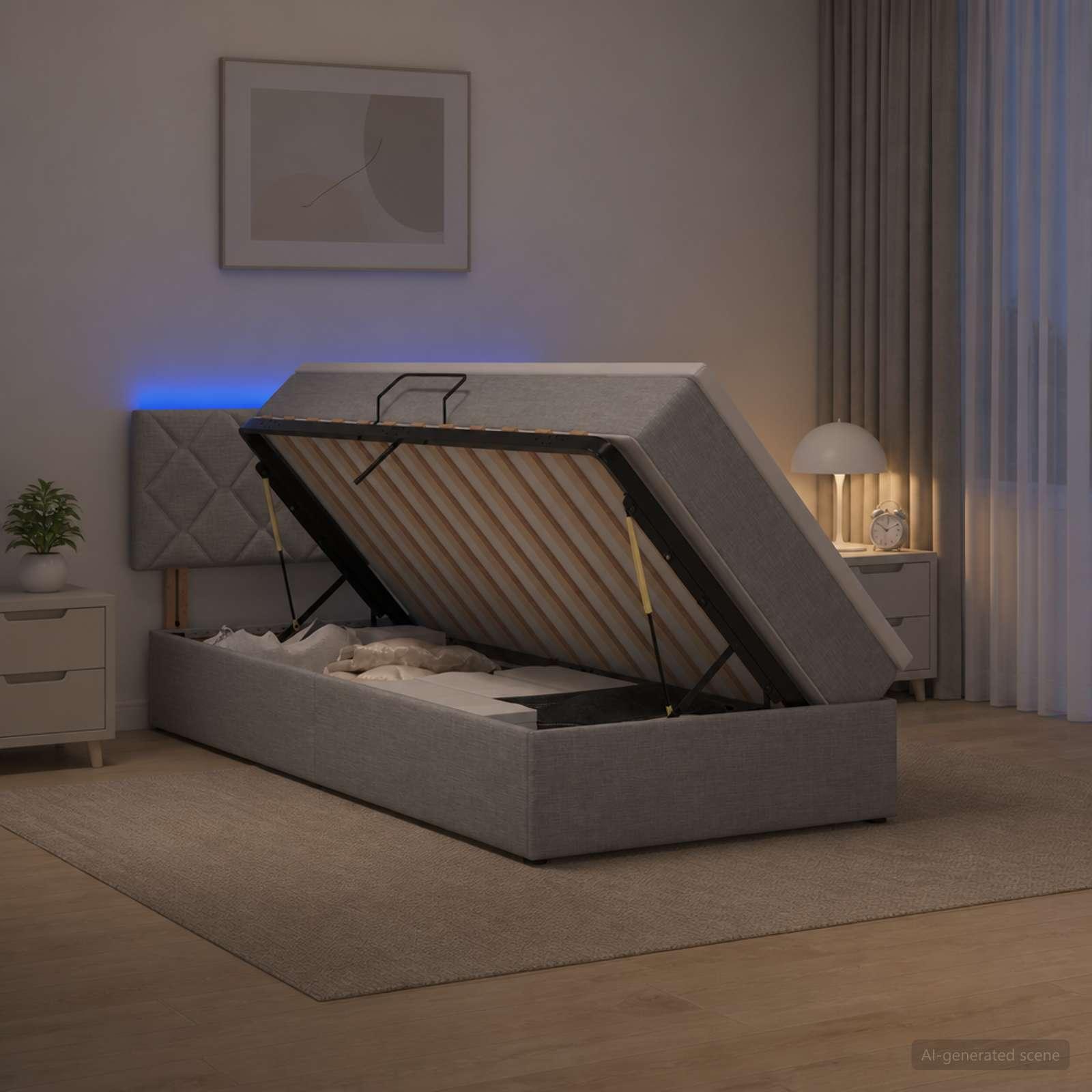 vidaXL LED opbevarings seng med madras Lysegrå 100 x 200 cm Stof