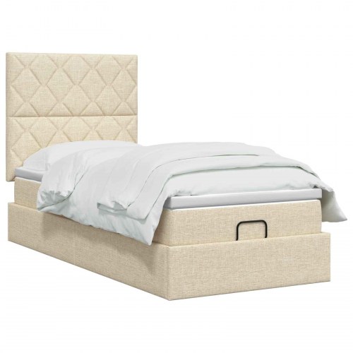 Ottoman seng med madras 90 x 200 cm cremefarvet stof
