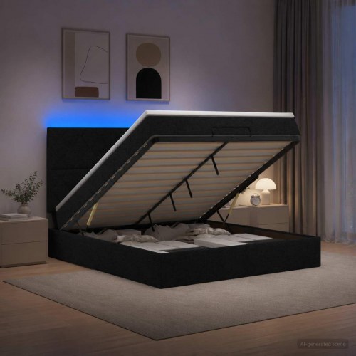 Ottoman seng med madras og LED sort 160 x 200 cm stof