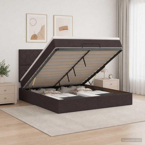 Ottoman seng med madras og LED mørk brun 140 x 200 cm stof