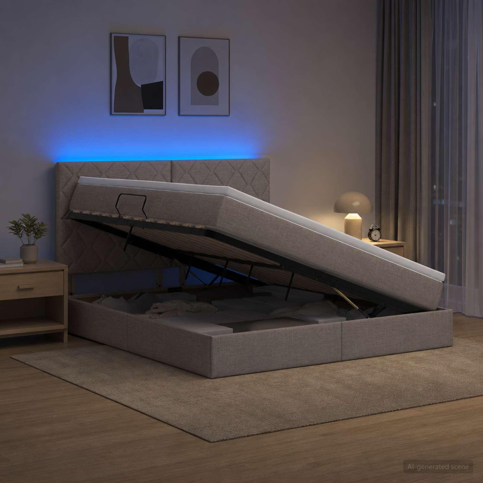 vidaXL LED opbevarings seng med madras Gråbrun 140 x 200 cm Stof