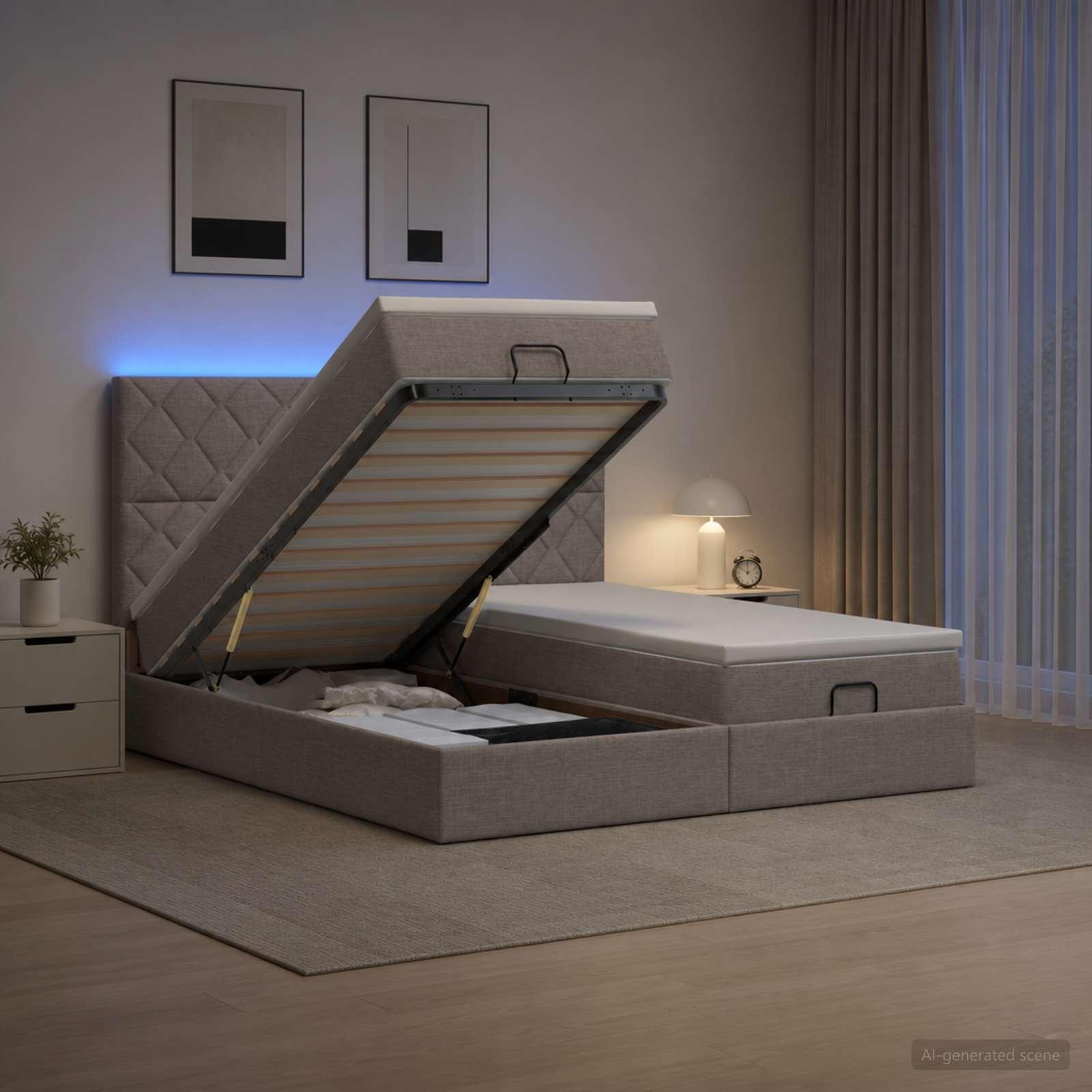 Ottoman seng med madras og LED 160 x 200 cm gråbrun stof