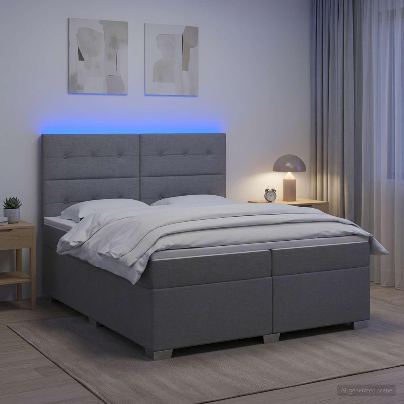 Boksmadras seng med topmadras og LED lysegrå 200 x 200 cm