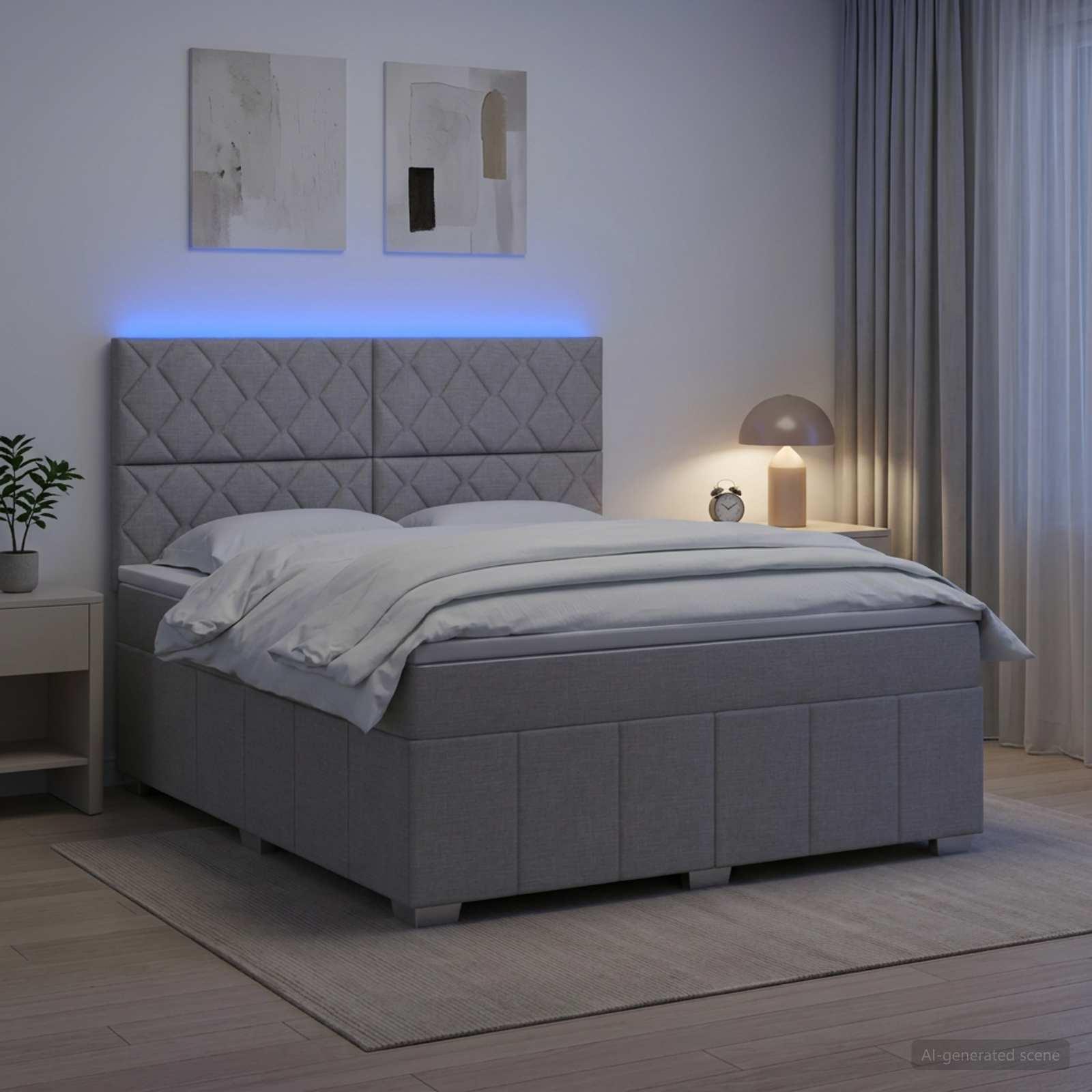 LED boksmadrasseng med madras 140 x 190 cm lysegrå stof