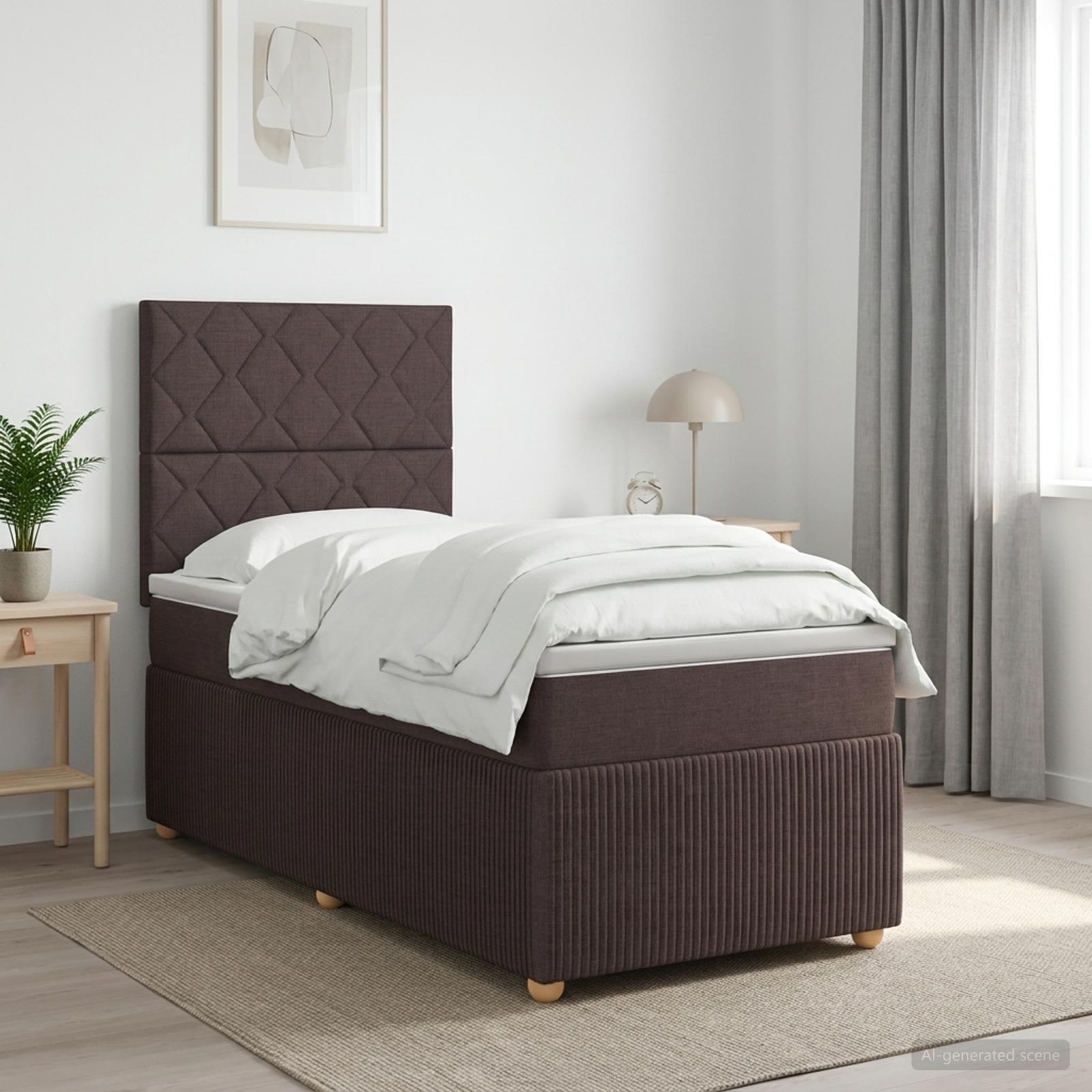 Boksmadras seng med topmadras mørk brun 90 x 200 cm stof