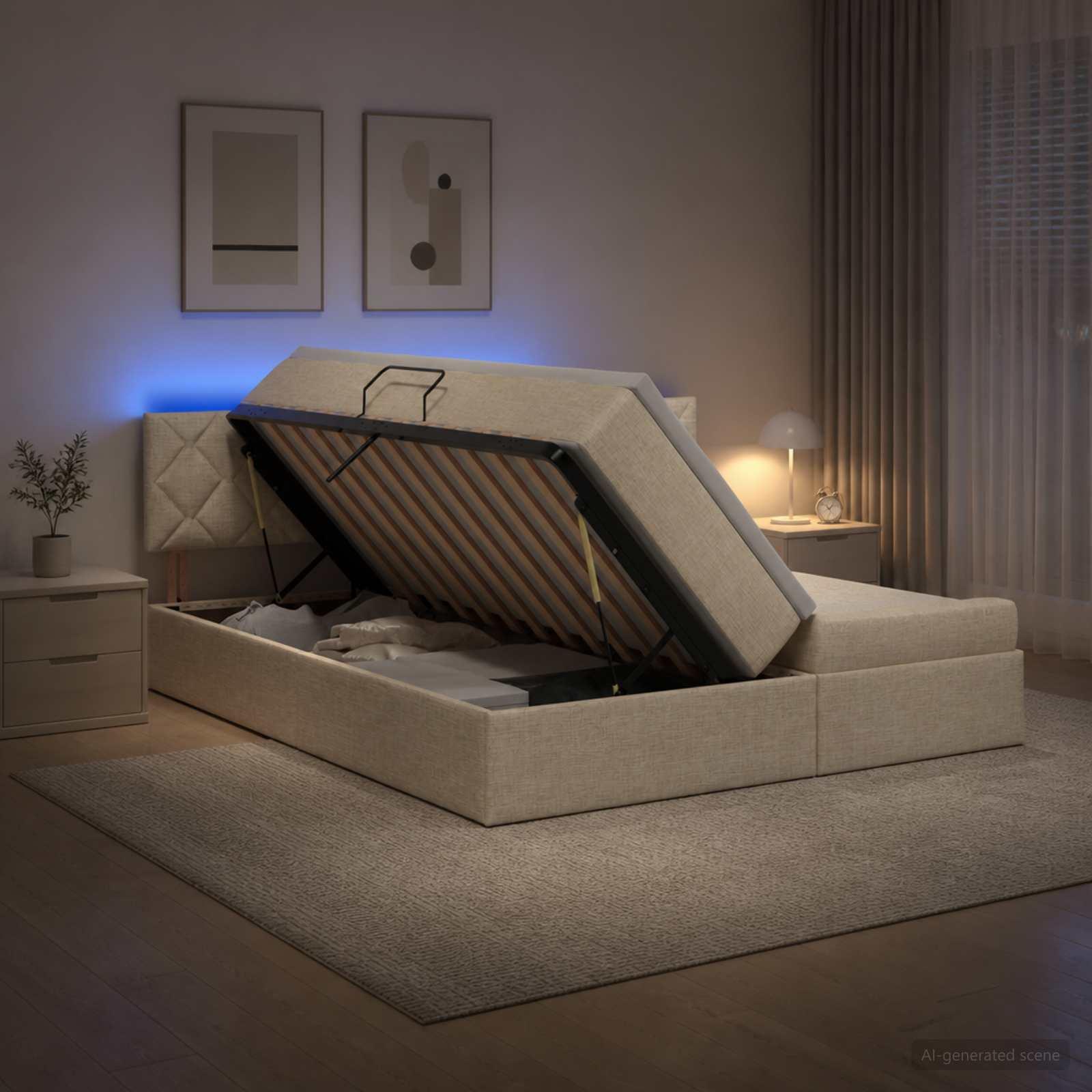 vidaXL LED opbevarings seng med madras Cremefarvet 180 x 200 cm Stof