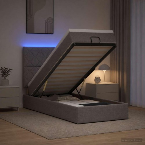 Ottoman seng med madras og LED gråbrun 90 x 200 cm stof