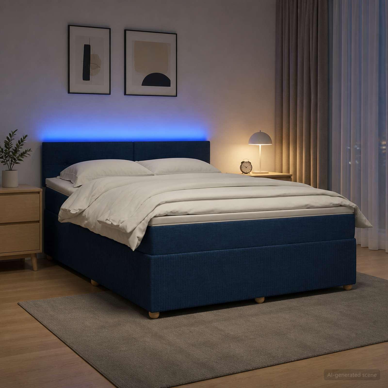 Boksmadras seng med topmadras og hovedgærde 180 x 200 cm blå stof