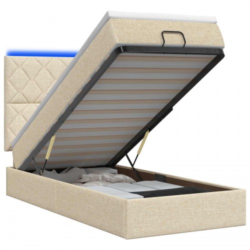 Ottoman seng med madras og LED cremefarvet 90 x 190 cm stof