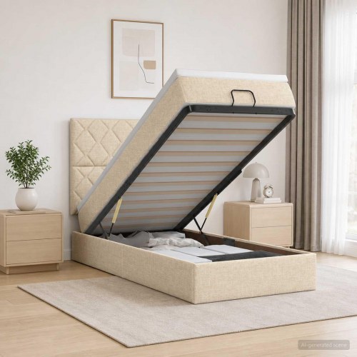 Ottoman seng med madras og LED cremefarvet 90 x 190 cm stof
