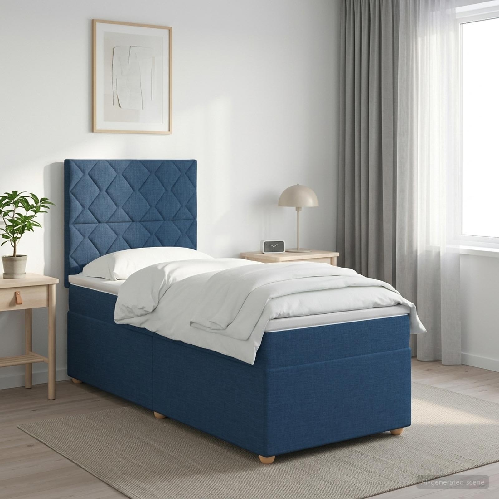 Seng med madras, topmadras og justerbart hovedgærde 90 x 190 cm blå stof