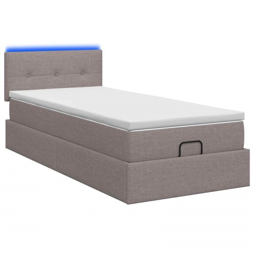 Ottoman seng med madras og LED gråbrun 90 x 200 cm stof