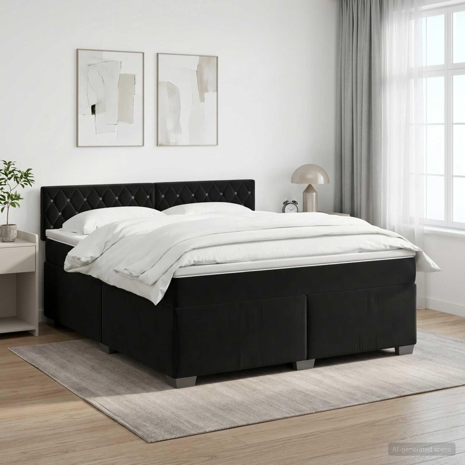 Boksmadras seng med topmadras og hovedgærde 160 x 200 cm sort fløjl